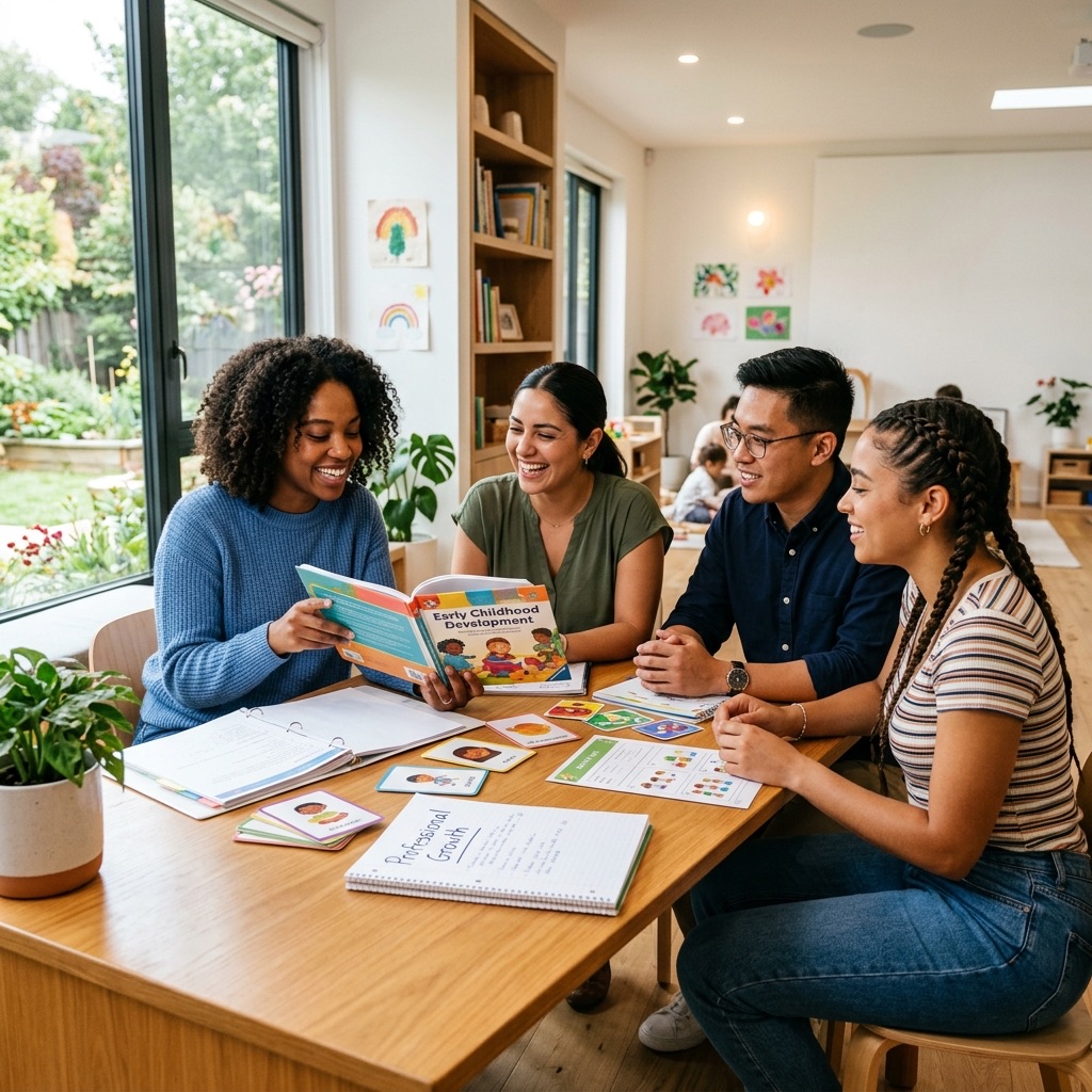 Aspiring childcare professionals studying and learning child development in a modern class