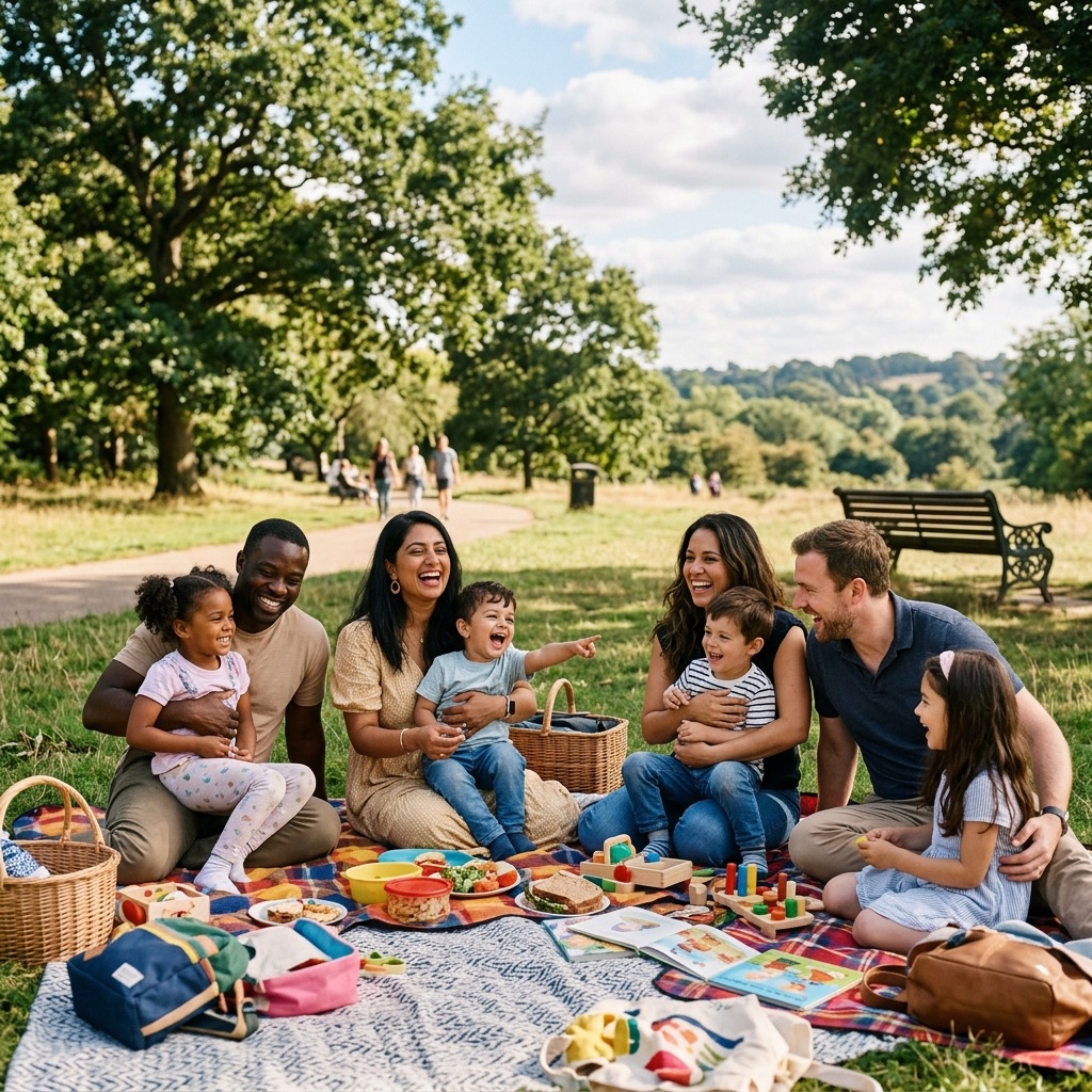Happy parents and children enjoying a community playgroup picnic in a London park